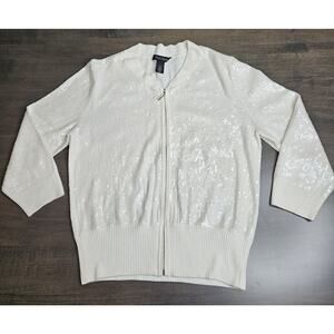 WHBM Womens Sequin Cardigan Sweater Ivory Medium 3/4 Sleeves Zip up